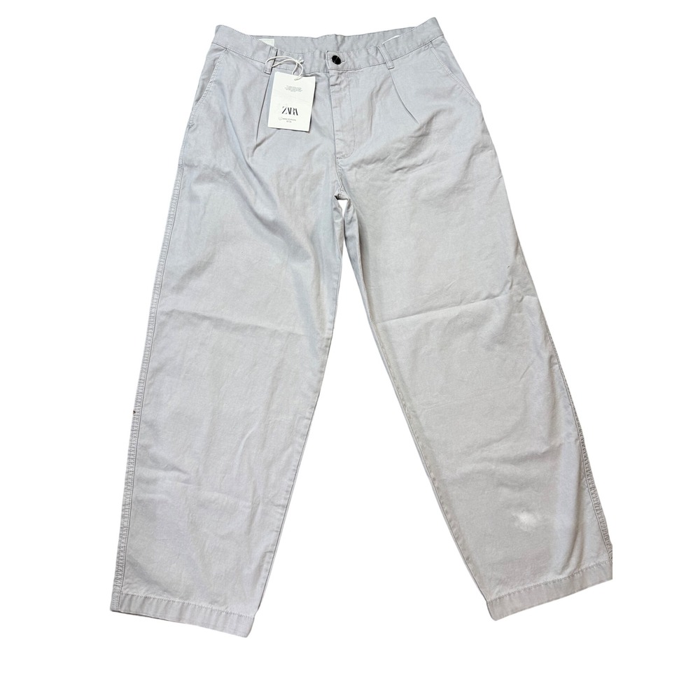 Zara Trousers Mens 34 Light Grey NWT Wide Leg Relaxed Fit Chino Pants 5862/111